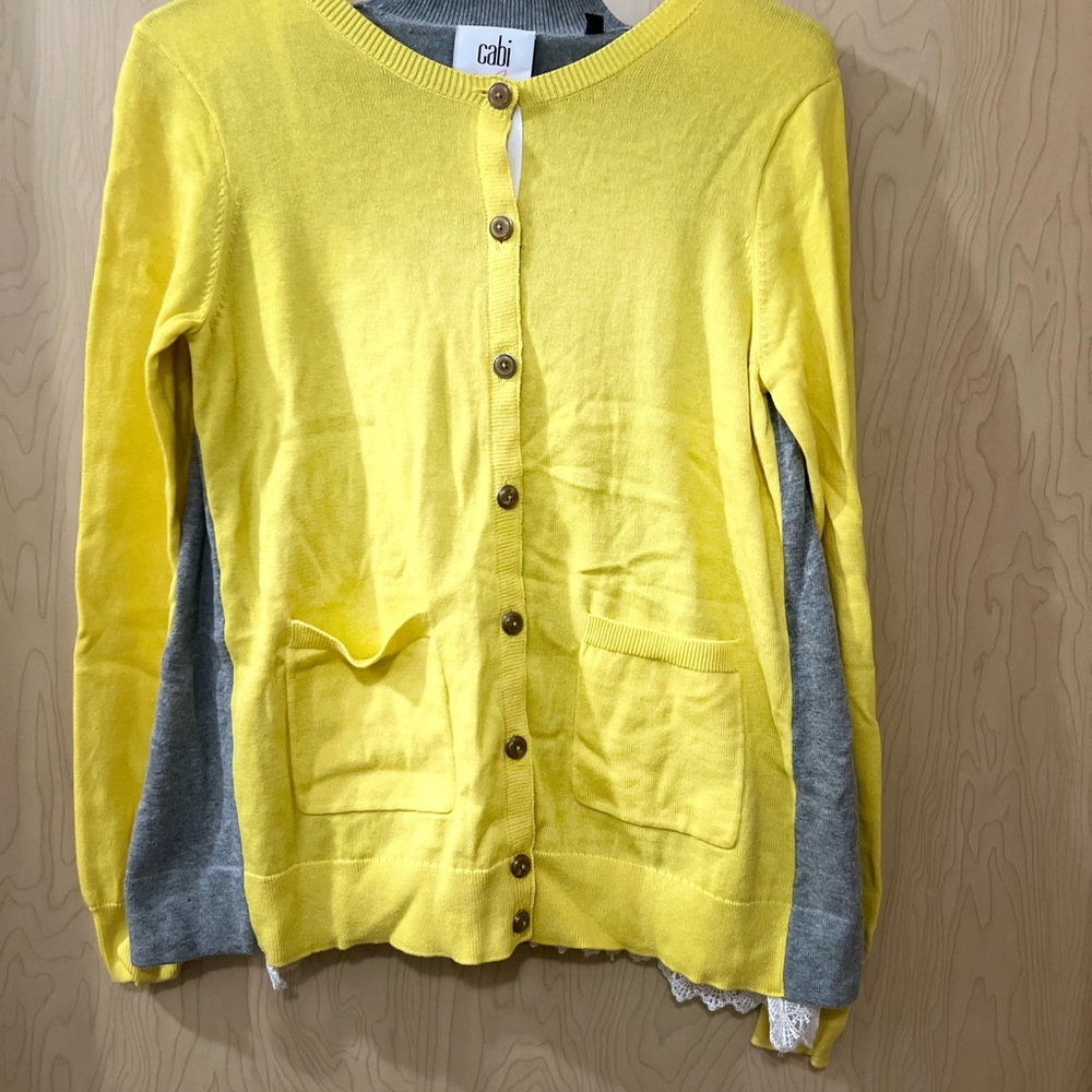 CAbi Yellow and Gray Cardigan Sweater with Ruching